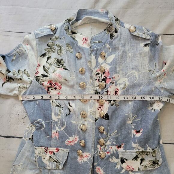 New Collection Size M Chambray Open Blazer Faded Floral Print Jacket - Picture 6 of 9